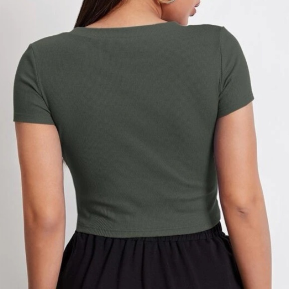 ‼️DARK GREY RIBBED T SHIRT CROPPED - Picture 2 of 4